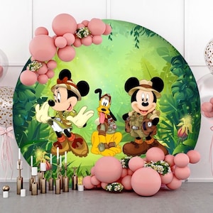 Disney safari mickey minnie mouse arco redondo pano de fundo capa círculo crianças aniversário fotografia fundo recém-nascido chá de fraldas foto pano de fundo