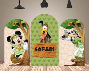 Doble cara Disney Safari Mickey Mouse Arco Cubierta Cumpleaños Arco Telón de fondo personalizado Baby Shower Chiara Arch Fotografía Fondo Banner