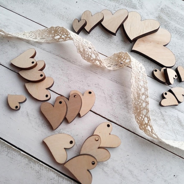 10 Pcs - Wooden hearts tiny with hole. Small hearts set for DIY projects. Unfinished Laser cut Hearts wooden blanks. Heart shaped gift tags
