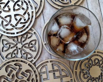 Celtic Knot Wood Coasters: Geometric Ornament, Minimalist Bar Decor