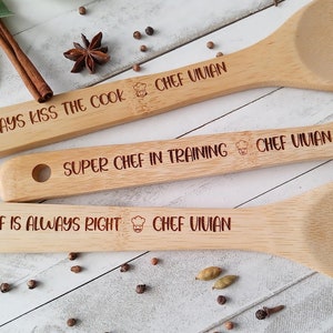 Custom wooden spoons. Personalized kitchen bamboo spoons. Engraved custom gifts with names. Cooking spoon.