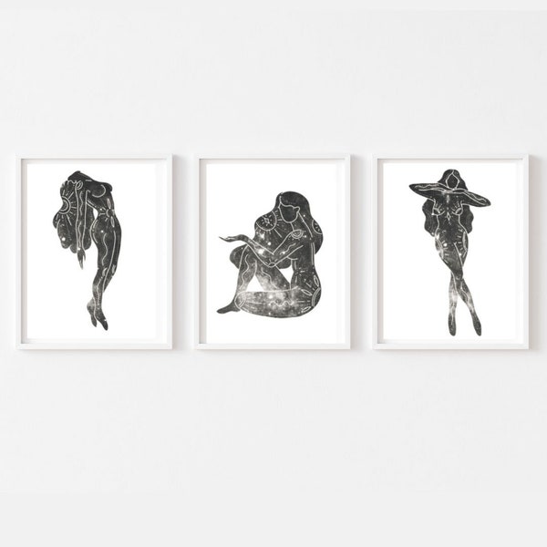 Set of 3 Cosmic Figure Prints, yoga girl poster, yoga pose print, woman siluette poster, feminine art