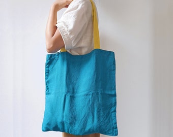 Color block linen tote bag | Blue unisex shoulder bag | linen market bag | reusable everyday tote bag | reversible european linen tote bag