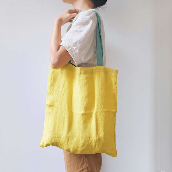 Color block linen tote bag | yellow unisex shoulder bag | linen market bag | reusable everyday bag | reversible european linen tote bag