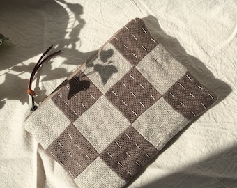 Checkered patchwork pouch | quilted linen zipper pouch | Handstitched linen clutch | Earthy tones linen pochette | casual purse