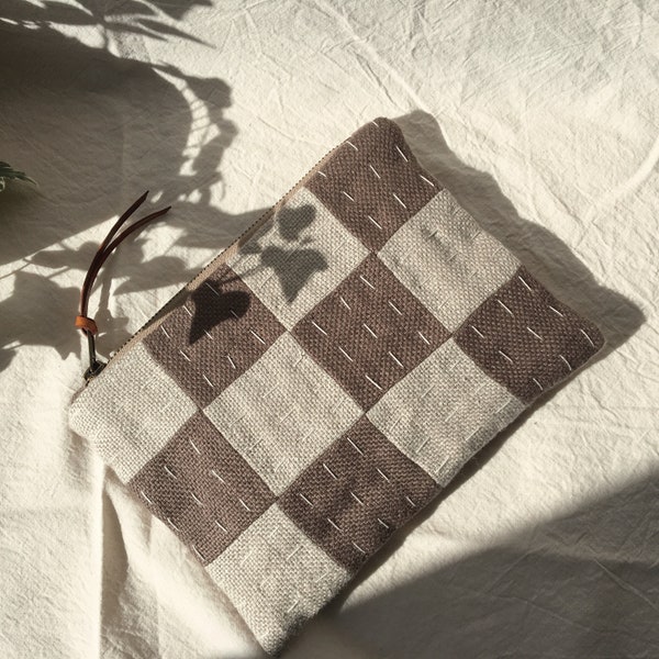 Checkered patchwork pouch | quilted linen zipper pouch | Handstitched linen clutch | Earthy tones linen pochette | casual purse