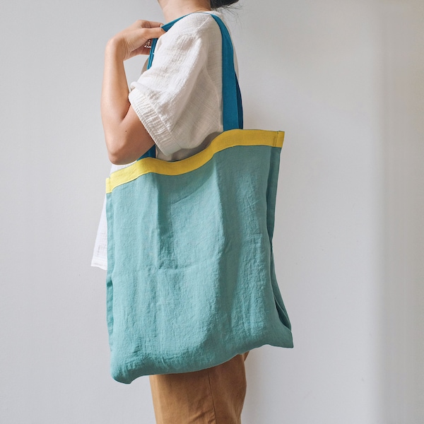 Sac colorblock en lin | sac vert en lin | sac multicolore unisex pour minimaliste | sac en lin réutilisable | tote écologique