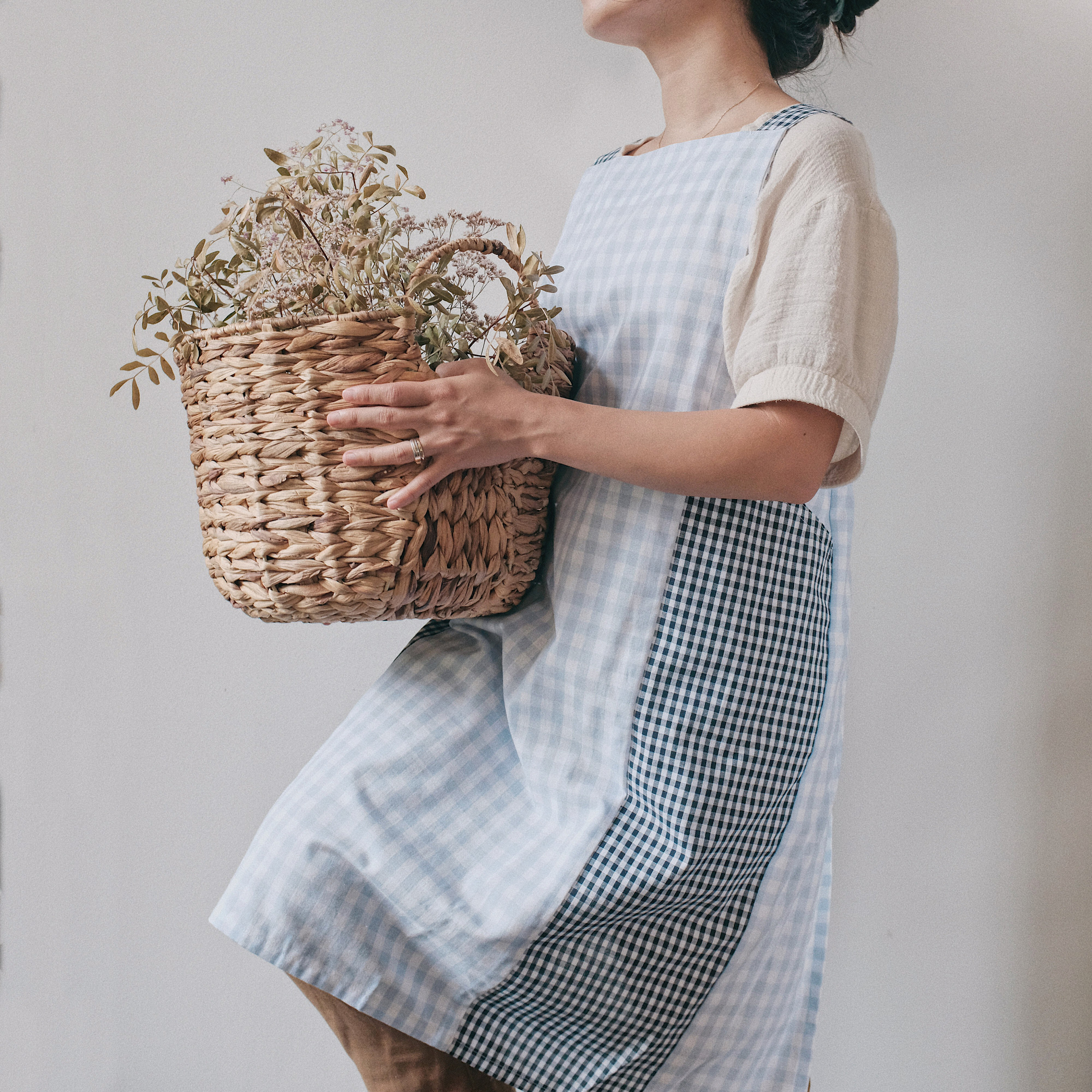 Pastel Color-Block Pinafore Apron |Japanese Cross-Back | Checkered Artist Potter Sustainable Kitchen