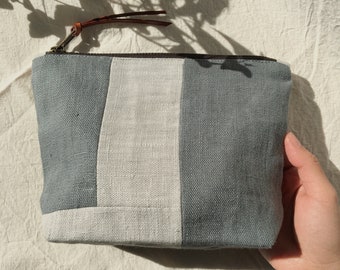 Patchwork pouch | linen zipper pouch | linen make-up bag | Grey tones linen pochette | linen toiletry | travel cosmetic bag