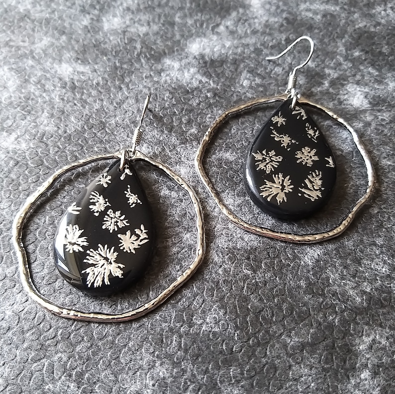 Handmade from Polymer Clay Black Silver Party Dangle Earrings