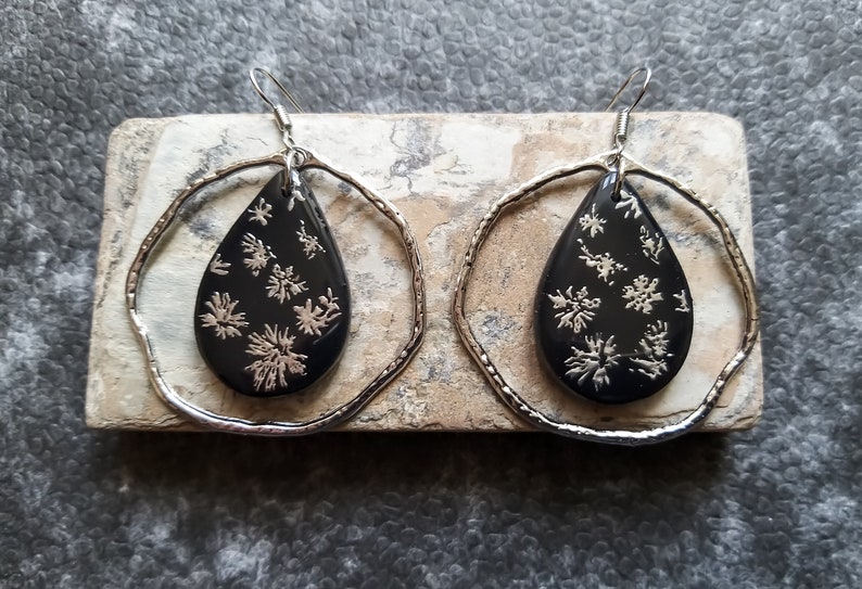 Handmade from Polymer Clay Black Silver Party Dangle Earrings