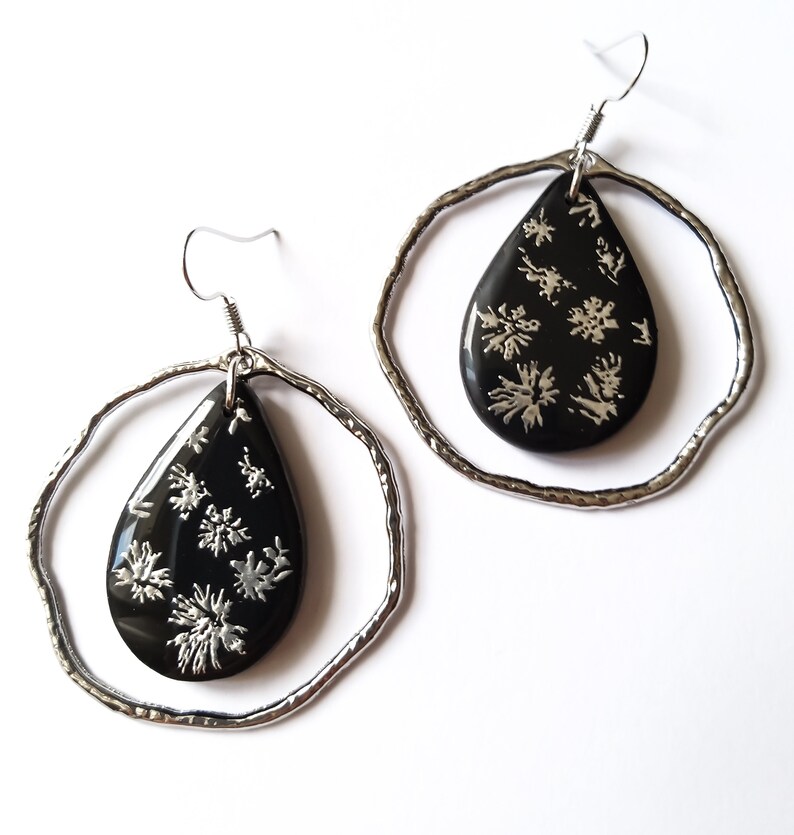 Handmade from Polymer Clay Black Silver Party Dangle Earrings