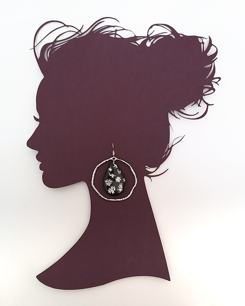 Handmade from Polymer Clay Black Silver Party Dangle Earrings