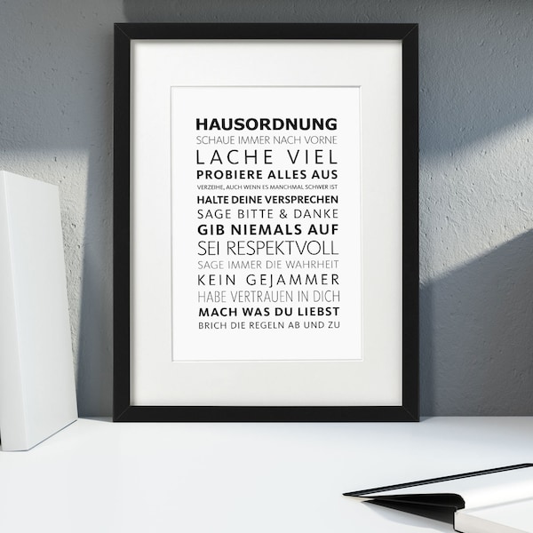 Hausordnung Kunstdruck im Rahmen schwarz mit Passepartout Deko Wandbild Poster gerahmt Din A4 Bild Printdesign Geschenk