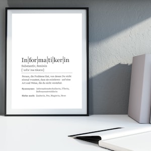 May include: A black and white printable definition of the word "Informatikerin" in German, which translates to "female computer scientist". The definition is in a simple, modern font and includes the word's pronunciation, grammatical information, and synonyms.