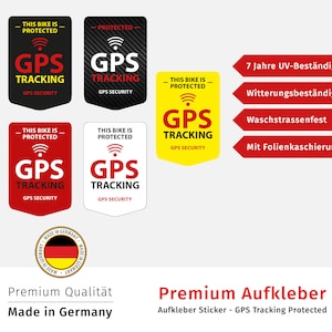 Könnte beinhalten: Vier rote, schwarze und weiße Aufkleber mit dem Text "GPS Tracking" und "GPS Security". Zwei gelbe Aufkleber mit dem Text "GPS Tracking" und "GPS Security". Die Aufkleber dienen zum Schutz von Fahrrädern. Der Text "Premium Quality Made in Germany" befindet sich am unteren Rand des Bildes.