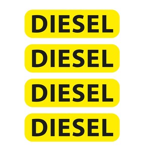 Könnte beinhalten: Vier gelbe rechteckige Aufkleber mit abgerundeten Ecken, die jeweils das Wort "DIESEL" in fetten schwarzen Buchstaben zeigen. Die Aufkleber sind vertikal vor einem weißen Hintergrund angeordnet.