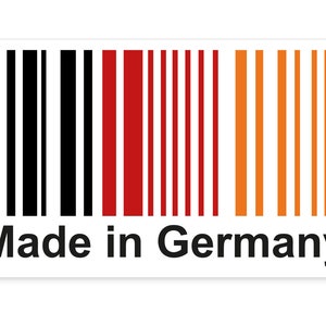 Könnte beinhalten: Ein schwarzer, roter und gelber Barcode mit dem Text "Made in Germany" darunter.
