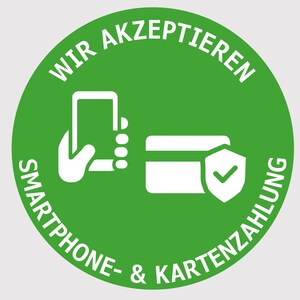 Op de afbeelding: Een groene cirkelvormige afbeelding met witte tekst en pictogrammen. De tekst luidt "WIR AKZEPTIEREN SMARTPHONE- & KARTENZAHLUNG". Pictogrammen zijn een hand die een telefoon vasthoudt, een creditcard en een schild met een vinkje.
