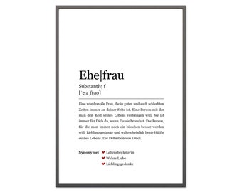 Ehefrau Kunstdruck Bild Poster Wandbild Geschenkidee Hochzeit Deko Wörterbuch Beschreibung Synonym