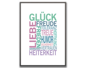 Glück Liebe Freude Heiterkeit Kunstdruck Bild Poster Deko Din A4 Fine Art Print Design Typo Grafik