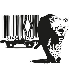 Könnte beinhalten: Schwarzweiß-Illustration eines Leoparden, der vor einem Barcode mit den Zahlen 3145431762 läuft.