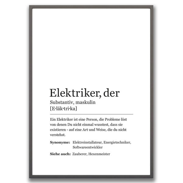 Elektriker Bild Poster Wandbild Beruf Geschenkidee Deko Din A4 Wörterbuch Beschreibung Synonym