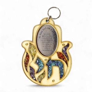 Wooden Hamsa with minerals and precious stones - Home Blessing