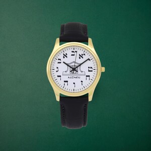 Men&#39;s Black Leather Altneu Hebrew backwards watch - Jewish watch - Montre hébreu - Orologio ebraico