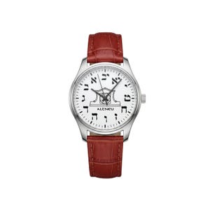 May include: A silver wristwatch with a white face displaying Hebrew numerals and a decorative emblem. It has a brown leather strap. The brand name "AITNEU" is printed on the watch face.