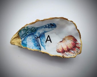 Hand painted and decoupaged upcycled Oyster shell ring trinket dish. Various designs