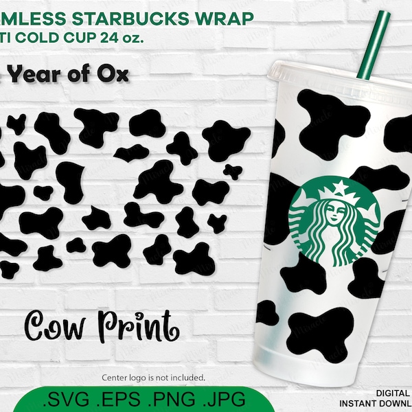 Seamless Cow Print Starbucks Cold Cup SVG | Year of Ox SVG | Transparent Background | Starbucks Venti Cold Cup 24 oz. | Cricut, Silhouette