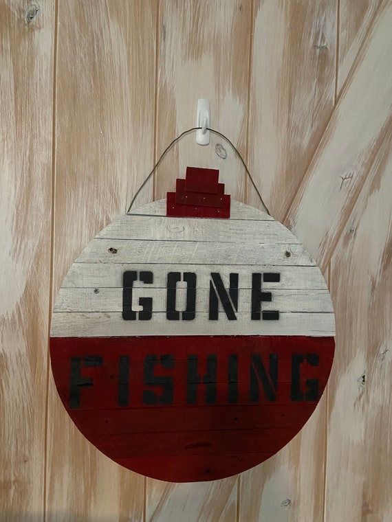 Rustic Gone Fishing Bobber 18 Round Door Hanger-stenciled and Handpainted,  Fishing, Bobber Sign, Gone Fishing, Door Hanger, Wall Decor, 