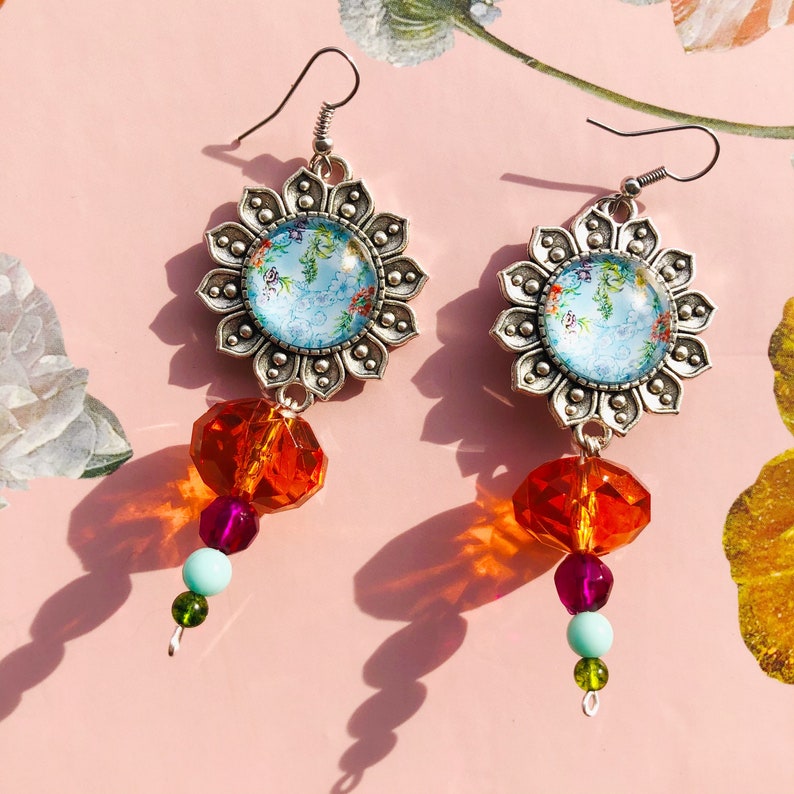 Silver Plated Multi-color Beaded Boho Hippie Jewelry Boho Flower Cabochon Dangle Drop Bold Statement Earrings