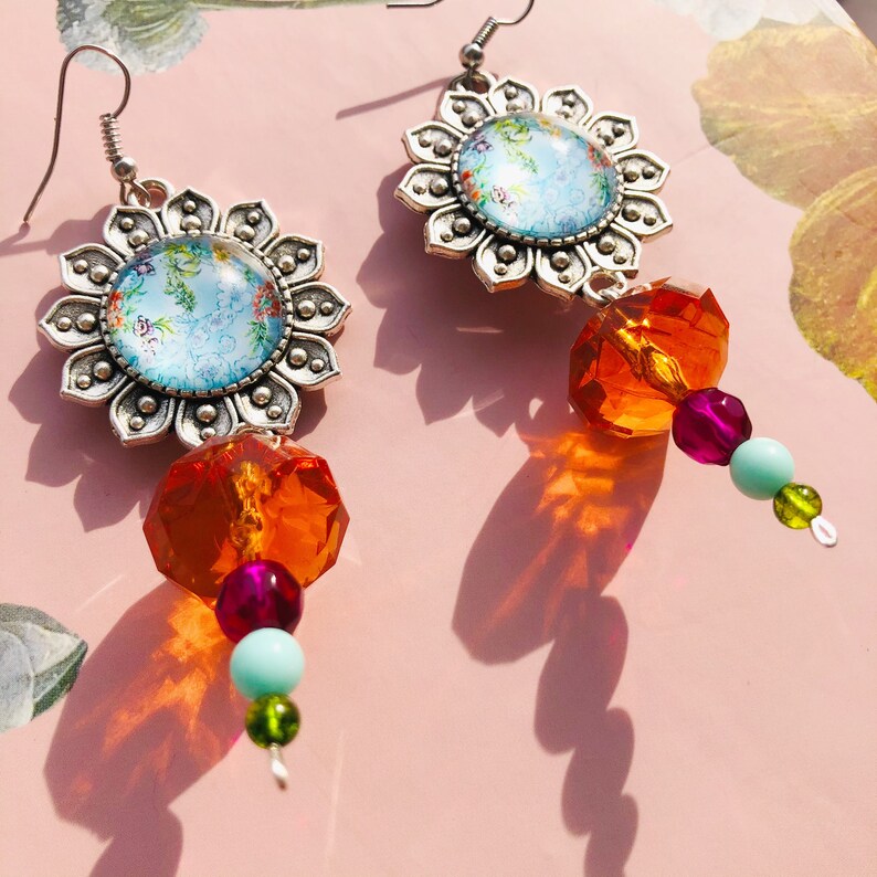 Silver Plated Multi-color Beaded Boho Hippie Jewelry Boho Flower Cabochon Dangle Drop Bold Statement Earrings