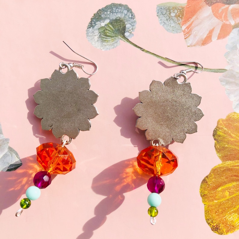 Silver Plated Multi-color Beaded Boho Hippie Jewelry Boho Flower Cabochon Dangle Drop Bold Statement Earrings