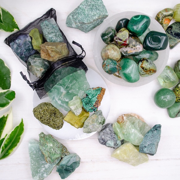 Rainforest crystal mystery bag, 6 pieces green color theme, consciously sourced | surprise crystal dip, witches grab bag, random crystal bag