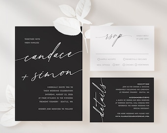 Minimalist Wedding Invitation Template Set, Black & White Wedding Invite with RSVP and Detail Cards, Modern Wedding Invitation Suite | JOHAN