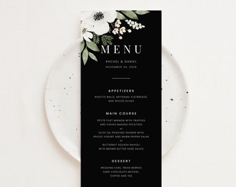 Wedding Menu Template Download, Elegant Black Botanical Wedding Menu Templates, Printable Modern Floral Wedding Dinner Menu Card | ZURI