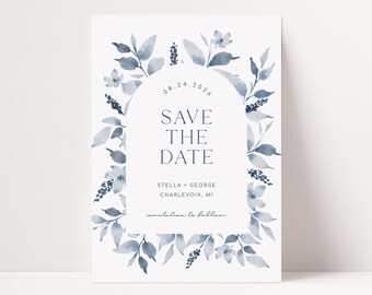 Save The Date Template, Dusty Blue Floral Save The Date Card Template, Printable Rustic Dusty Blue Wedding Save The Date Template | GINA