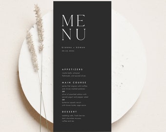 Modern Minimalist Wedding Menu Templates, Printable Black Wedding Menu Card Templates, Editable Wedding Dinner Menu Card Templates | AIDEN