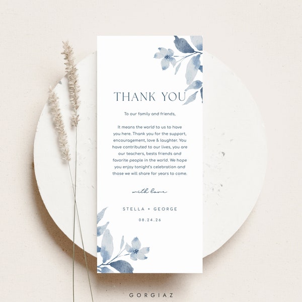 Wedding Table Thank You Card Templates, Dusty Blue Place Setting Thank You Templates, Printable Rustic Floral Wedding Thank You Note | GINA