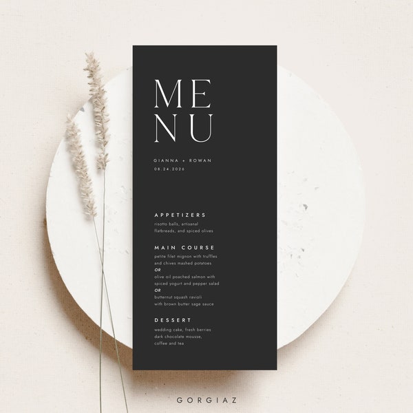 Modern Minimalist Wedding Menu Templates, Printable Black Wedding Menu Card Templates, Editable Wedding Dinner Menu Card Templates | AIDEN