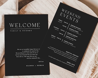 Welcome Letter & Itinerary Card Template, Minimalist Wedding Weekend Events Card Template, Printable Modern Black Wedding Itinerary | AIDEN