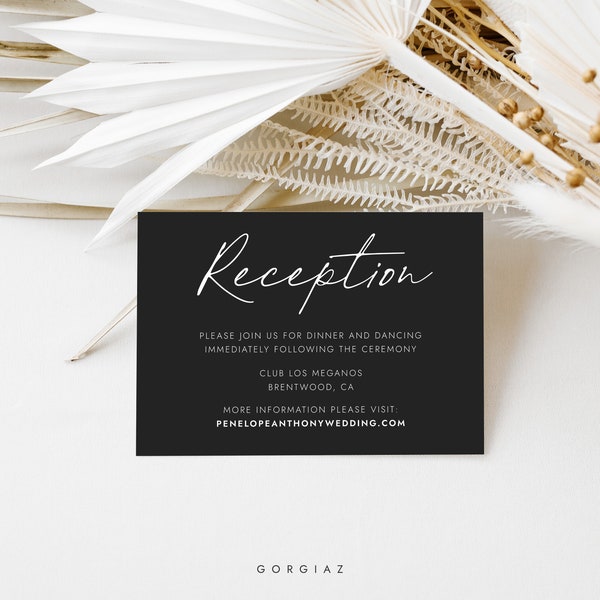 Minimalist Wedding Reception Card Templates, Modern Black Wedding Insert Card Templates, Printable Wedding Information Card Templates | LEVI