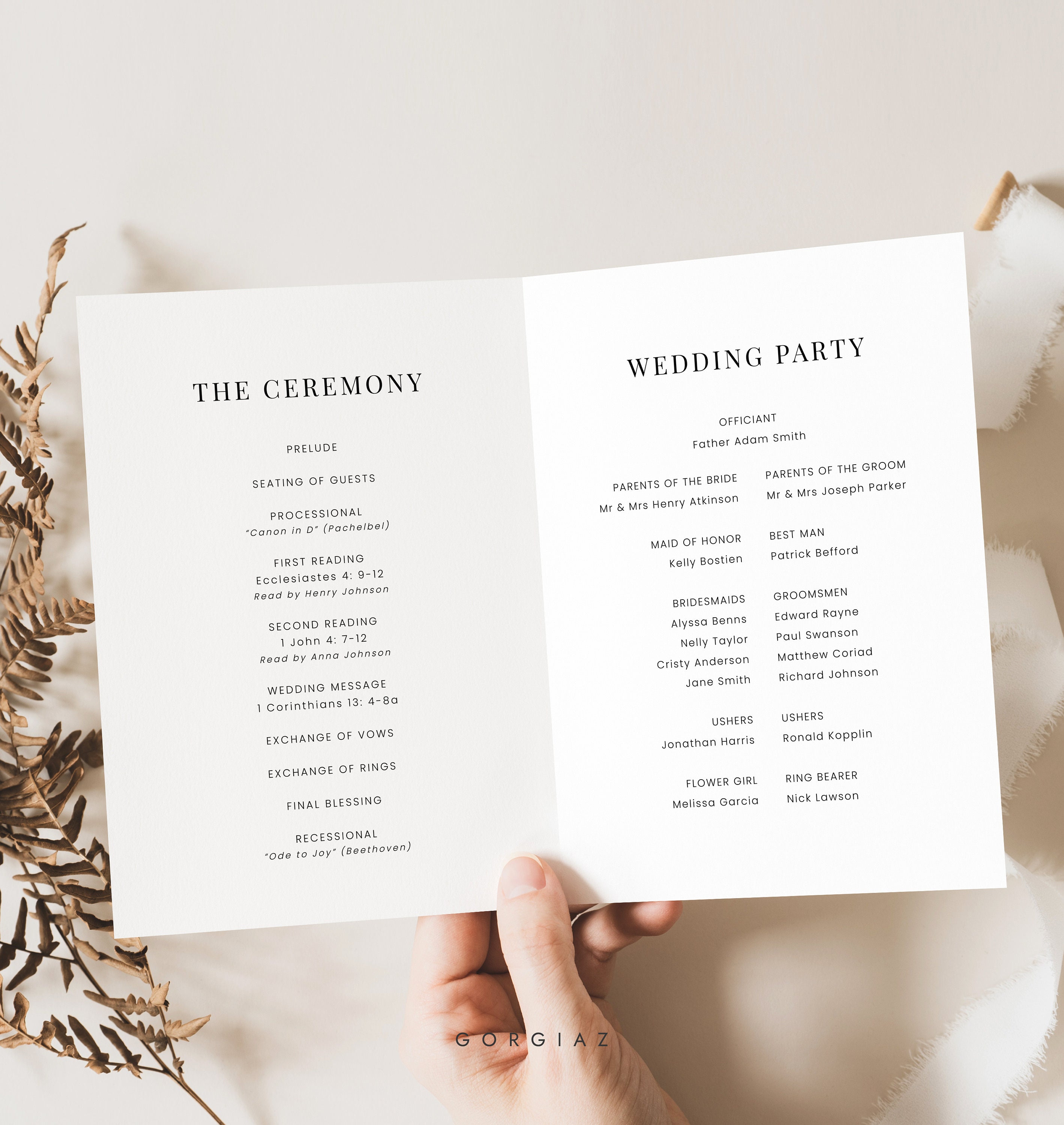 folded-wedding-program-template-5x7-modern-black-botanical-folded