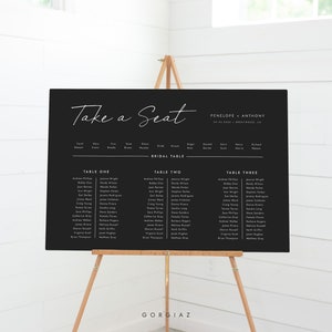 Minimalist Long Table Seating Chart Templates, Modern Black Banquet Wedding Seating Chart Templates, Printable Seating Plan Poster | LEVI