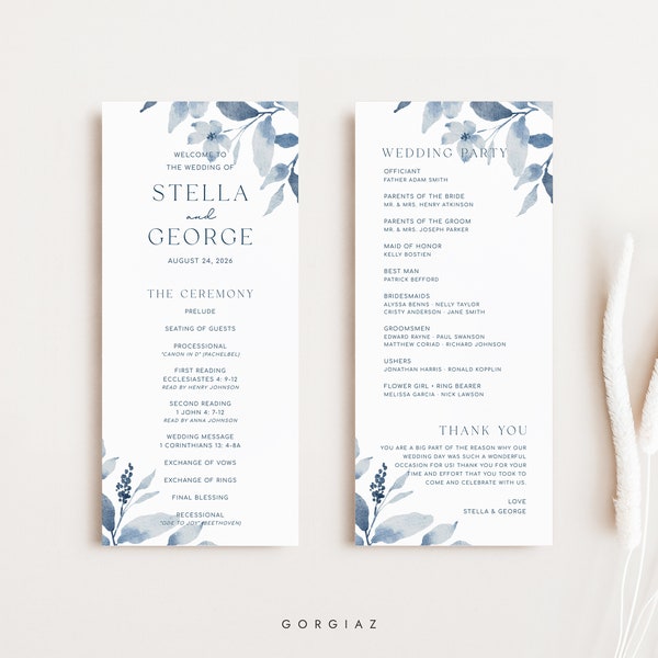 Dusty Blue Wedding Program Templates, Rustic Floral Wedding Ceremony Program Templates, Printable Wedding Order of Service Templates | GINA