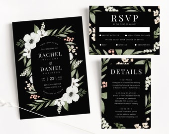 Modern Black Botanical Wedding Invitation Template, Floral Wedding Invitation Template Set, Printable Wedding Invitation Suite | ZURI