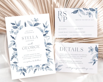 Dusty Blue Wedding Invitation Templates, Rustic Floral Wedding Invitation Template Set, Printable Dusty Blue Wedding Invitation Suite | GINA